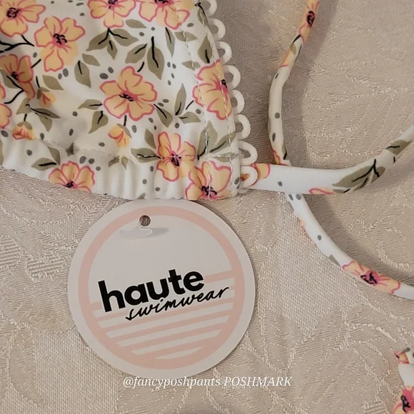 HAUTE swim pink poppies green leaves ribbon bows edging triangle string bikini - Picture 3 of 17